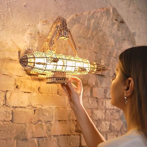 Wood Trick Luminous Zeppelin Dirigible LED 3D Wooden Puzzles for Adults to Build - Moving Propellers & Tail - Includes Wall Mount & Stand - Engineering DIY Project Mechanical 3D Puzzle Model Kits