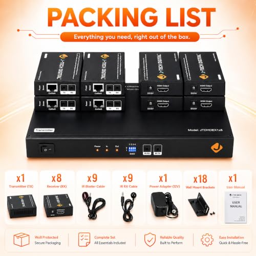 J-Tech Digital ProAV 1X8 HDMI Extender HDMI Amplifier HDMI Splitter Over Ethernet Cable with Bi-Direction IR and EDID Functions (1x8) - size: 1x8