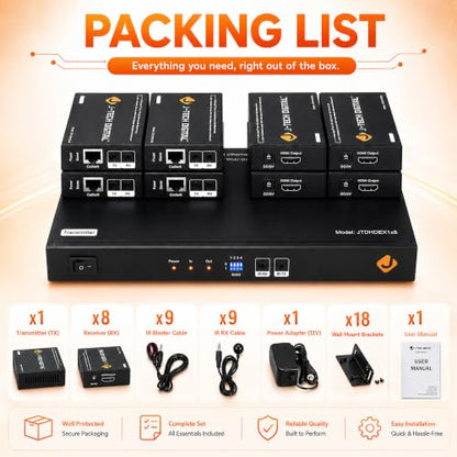 J-Tech Digital ProAV 1X8 HDMI Extender HDMI Amplifier HDMI Splitter Over Ethernet Cable with Bi-Direction IR and EDID Functions (1x8) - size: 1x8