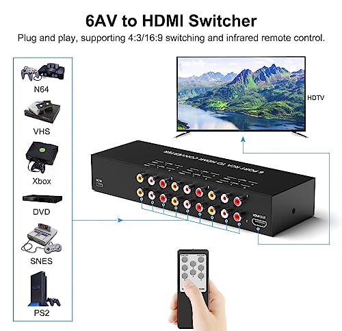 6Port AV to HDMI Converter RCA/Composite/CVBS Adapter Support 16:9/4:3 Switch for Wii/N64/PS1/PS2/PS3/VHS/VCR/DVD Players etc (6Port RCA in to 1 HDMI Converter with IR Remote) - style: 6Port AV to HDMI Converter