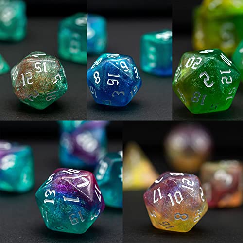 5 Sets DND Dice, Polyhedral Dice Set (35pcs) with Leather Die Bag, D&D Die Set for RPG Table Games (Sickle Font Double Color Glitter Series). - color: 5 Sets Sickle Font Glitter