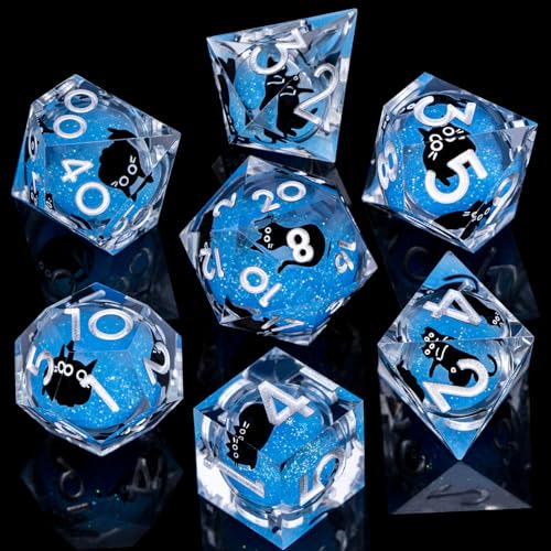 DND Cat Dice Set Blue Sharp Edge Dice with Box, RPG D and D Dice Dungeons Dragons Role Playing Game Polyhedral Resin Dice Set D20 D12 D10 D8 D6 D4 - color: Silver Blue