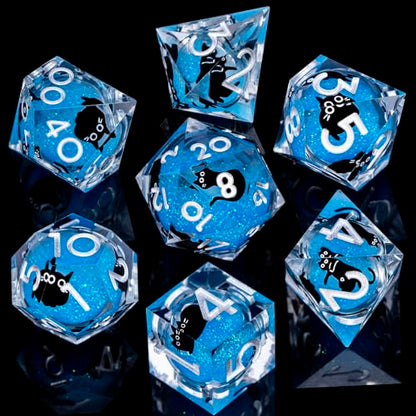 DND Cat Dice Set Blue Sharp Edge Dice with Box, RPG D and D Dice Dungeons Dragons Role Playing Game Polyhedral Resin Dice Set D20 D12 D10 D8 D6 D4 - color: Silver Blue