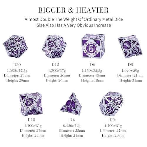 Metal DND Dice Set - High Artistic Making Dungeons and Dragons Dice, Large Weighted Metallic D&D Dice Sets - Polyhedral Role Playing Dice for MTG RPG, Silver Purple D and D Dice with DND Gift Box - color: Silver-purple