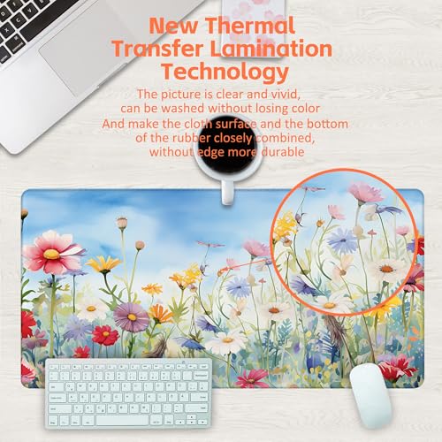 Large Gaming Mouse Pad, Colorful Wildflowers in Field Desk Mat, Watercolor Flowers Desk Pad, 31.5"x15.7" Extended Big Computer Keyboard Mouse Pad with Non-Slip Base and Stitched Edge - color: Colorful Wildflowers in Field