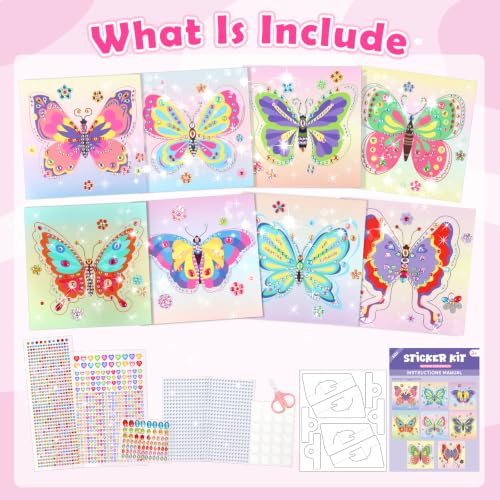 Gem Art Sticker Kit,Diamond Art Sticker Crafts for Kids Ages 4-12 | 8 Butterfly Theme, 1000+ Gems, No glue, No mess, Gemstone Sticker Arts and Crafts for Kids, Christmas Birthday Gift for Girls - color: Rose-Butterfly