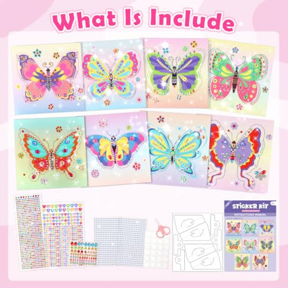 Gem Art Sticker Kit,Diamond Art Sticker Crafts for Kids Ages 4-12 | 8 Butterfly Theme, 1000+ Gems, No glue, No mess, Gemstone Sticker Arts and Crafts for Kids, Christmas Birthday Gift for Girls - color: Rose-Butterfly