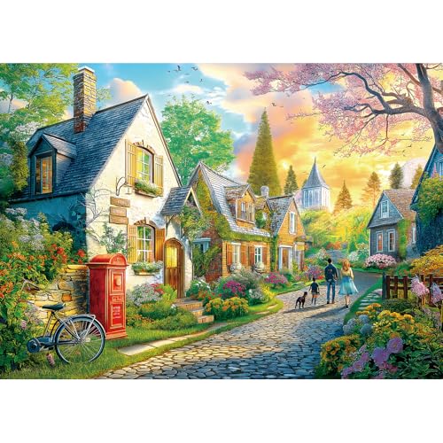 MINIWAN Sunset Spring English Country Village Lane Jigsaw Puzzles 1000 Pc | For Adults, Cozy Cottage Town with Family Walk, Gift for Countryside & Cottagecore Lovers, 27.5x19.7 Inch - color: Country Village Lane