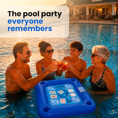 LUMARA Floating Table for Pool with Waterproof Playing Cards, Pool Games for Adults, 4 Cup Holders, Drinks and Snacks Tray, Hot Tub Party Accessory