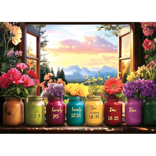 Christian Bible Puzzles for Adults 1000 Pieces, Wishful Window Religious Puzzles with Inspirational Verses, Impossible Challenging Puzzle Perfect for Family Game Nights,Include Poster & A-F Letter - color: Flowers Jars