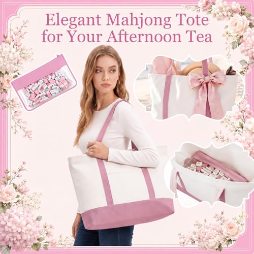Soulchen 1.2 Inch Pink Tea Party Themed American Mahjong Tiles Set | Complete 168 Pastel Melamine Tiles with Dice Large Tote Bag Portable Pouch for Game Night Travel Vacation Collection Gift