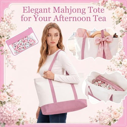 Soulchen 1.2 Inch Pink Tea Party Themed American Mahjong Tiles Set | Complete 168 Pastel Melamine Tiles with Dice Large Tote Bag Portable Pouch for Game Night Travel Vacation Collection Gift
