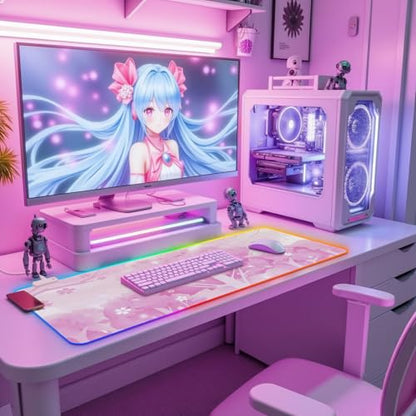 RGB Mouse Pad for Gaming I Large Mousepad with 14 Led Modes I Keyboard Pad Gaming Desk Mat I Non-Slip Rubber Base Mouse Mat I 900x400x4mm Waterproof Mousepad for Women Girl Gamer I Light Pink - color: Light Pink