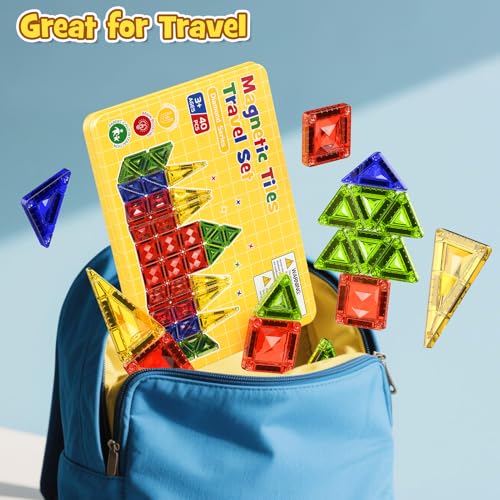 40PCS Magnetic Tiles Travel Storage Diamond Blocks 10% Thicker 3+ | Magnetic tiles with diamond texture & yellow box. Great for travel, car rides, Montessori play & on-the-go fun - size: 40 PCS