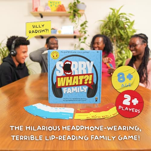 Lucky Egg Sorry What Family Edition, Lip Reading & Headphone Challenge Game | Age 8+, 100 Cards, 1 Pair of Headphones, 1 Charging Cable, 40,000 Word Phrase, Party Games for Game Night - style: Family Edition (Age 8+)