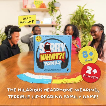 Lucky Egg Sorry What Family Edition, Lip Reading & Headphone Challenge Game | Age 8+, 100 Cards, 1 Pair of Headphones, 1 Charging Cable, 40,000 Word Phrase, Party Games for Game Night - style: Family Edition (Age 8+)