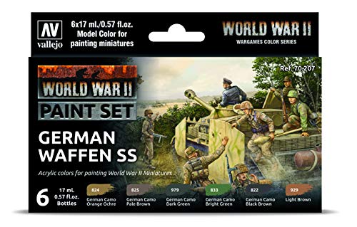 Vallejo - WWII German Waffen SS Model Color Paint Set | Historic Military Shades | Brush & Airbrush Compatible Acrylic Colors | Pro Modeler Collection | 6 bottles x 18 ml. (0.6 fl.oz) - style: WWII German Waffen SS
