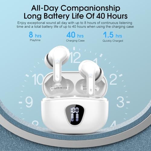 Wireless Earbuds, Bluetooth 5.4 Headphones HiFi Stereo, Bluetooth Earbuds with ENC Noise Cancelling Mic, IP7 Waterproof in Ear Earphones, 48H, LED Display Ear buds for Pad Workout Sports, White Purple - color: White