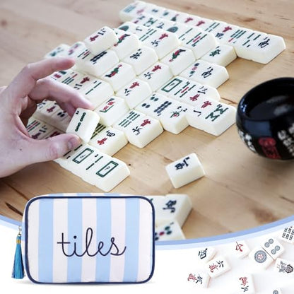 Sanwuta 1 Pcs Mahjong Tile Bag with Zipper,Blue,Striped | Embroidered Mahjong Case for 166 American Mahjong Tiles (1.2") Portable Bags for Board Game Party Gathering Travel - color: Blue, style: Classic