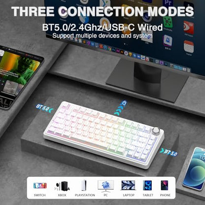 AULA F75 Pro Wireless Mechanical Keyboard with Knob,75% Hot Swappable Custom Gaming Keyboards,RGB Backlit,Pre-lubed Switches,Side Printed PBT Keycaps Creamy Sounding Computer Keyboard, Line White - color: F75 Pro-Line White