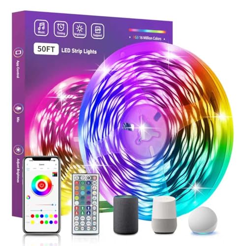 FONEWE Smart WiFi LED Lights 50 ft Remote Control Through APP Led Strip Lights Supports Alexa and Google Assistant Timing Function RGB Color Changing LED Lights for Bedroom and Party - size: 50FT