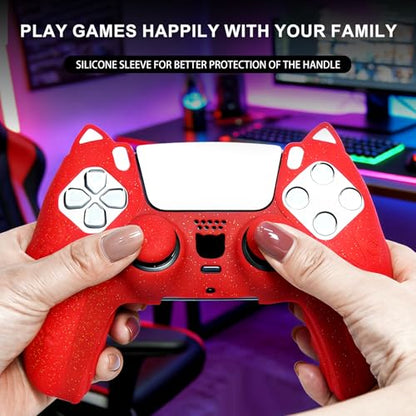 Red Cat Glitter Anti-Slip Protective Silicone Cover Skin Grips Compatible with PS5/Slim/Pro Controller,8 PCS Thumb Grips Caps and 2 Paw Grips Caps. (Cat Red) - color: Cat Red