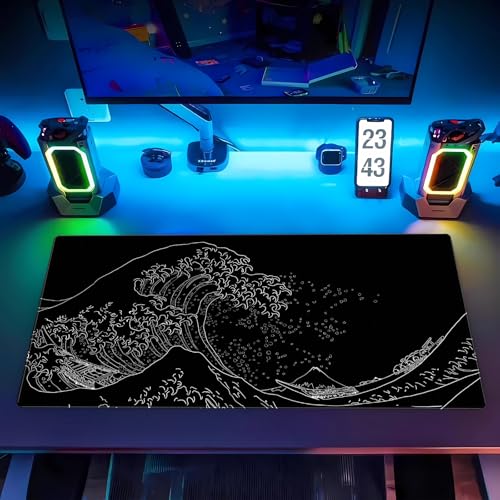 Great Wave Desk Mat, Black White Line Art Large Gaming Mousepad | Minimalist black and white wave desk pad with 3mm dense cushion, smooth cloth top, and non-slip rubber foundation. - color: Ukiyo-e of the Waves