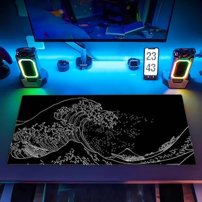 Great Wave Desk Mat, Black White Line Art Large Gaming Mousepad | Minimalist black and white wave desk pad with 3mm dense cushion, smooth cloth top, and non-slip rubber foundation. - color: Ukiyo-e of the Waves
