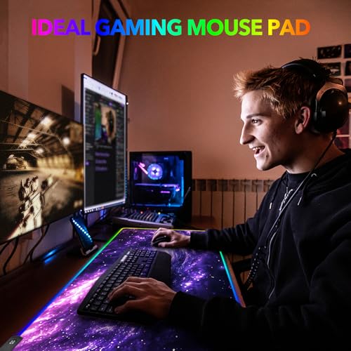 AIMSA RGB Mouse Pad LED Gaming Mouse Pad with 14 Lights Modes, Non-Slip Rubber Base Computer Carpet Desk Mat for PC Laptop (35.4 x 15.8 inch) Purple Blue Nebula - color: Purple Blue Nebula