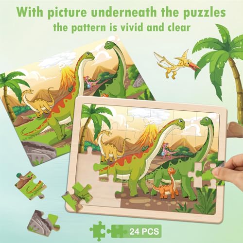 Puzzles for Kids Ages 4-6, 4 x 24 PCs Dinosaur Wooden Puzzles | Dinosaur Puzzles for Toddlers & Kids Ages 3-5, Preschool Educational Puzzles Toys, Birthday Gifts Set for Boys & Girls - color: Dinosaur