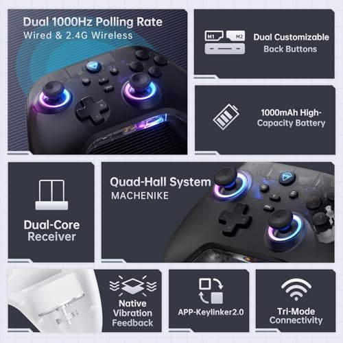 Machenike G3V2 Bluetooth Controller for Pc/Switch/Ios/Android, Hall Effect Joysticks, RGB Lighting Gaming Controller,2 Programmable Buttons,1000mah Battery With Charging Station, White - color: White