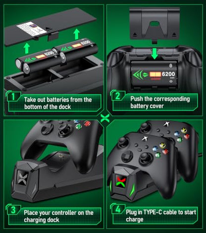 Controller Charger Station with 4x6200mWh Rechargeable Battery Compatible with One/Series X|S Controller | 4 Battery Covers, 2 for X1/X/S/Elite & 2 for Xbox Series S and X, Christmas Accessories - color: Black - 4 Batteries