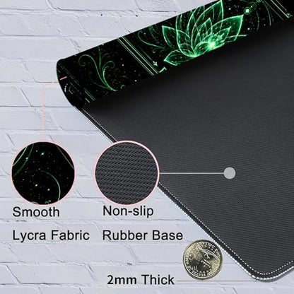 Playmat for MTG with Zones, 24 x 14 Inch Card Game Mat, Stitched Edges, Non Slip Rubber Base, 2mm Washable Play Mat with Storage Bag, Lotus Flower Design, Green Color - color: Green