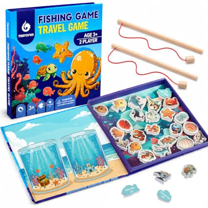 TRAVOFUN Magnetic Fishing Game Book for Kids Ages 3-8, Travel Toys for Toddlers 3-5, Road Trip and Airplane Activities, Quiet Portable Car Ride Toy with 2 Poles and 27 Ocean Fish - style: Fishing Game