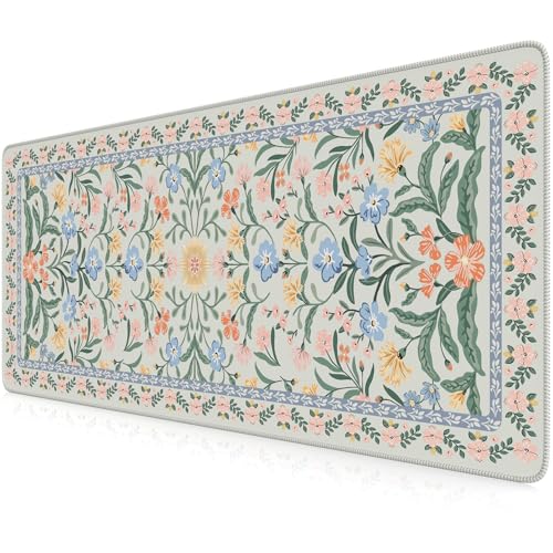 iCasso Aesthetic Floral Desk Mat, L Mouse Pads, Anti-Slip Mousepad with Stitched Edges, Waterproof Computer Pad 11.8"x31.5", Green Desk Accessories Office Decor for Women(Green Floral) - color: B-green Floral, size: 31.5L x 11.8W inches