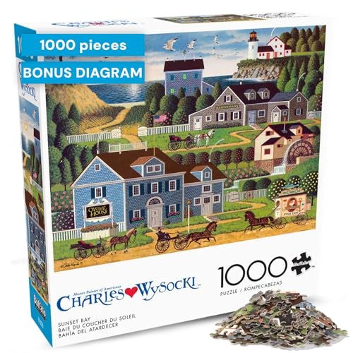 Buffalo Games - Charles Wysocki Sunset Bay - 1000 Piece Puzzle for Adults | Art by Charles Wysocki, Frameable Art, Made in USA, Recycled Board, Includes Poster, Challenging, intermediate to expert - color: Sunset Bay