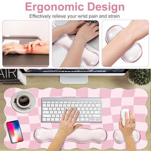 L-SPOUTTO Pink Checkered Mouse Pad Set,Scalloped XXL Desk Mat + Ergonomic Mouse Wrist Rest + Gel Keyboard Wrist Rest for Keyboard 65%/75%,3in1 Large Desk Pad for Desktop Home Office Computer Game - color: Pink Checkered