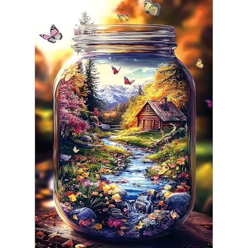 MINIWAN 1000 Piece Jigsaw Puzzle for Adults - Enchanted Mountain Jar | Log Cabin & Butterflies, 27.5x19.7 Inch, Unique Art Puzzle, Challenging Hard Difficult - color: Enchanted Mountain Jar