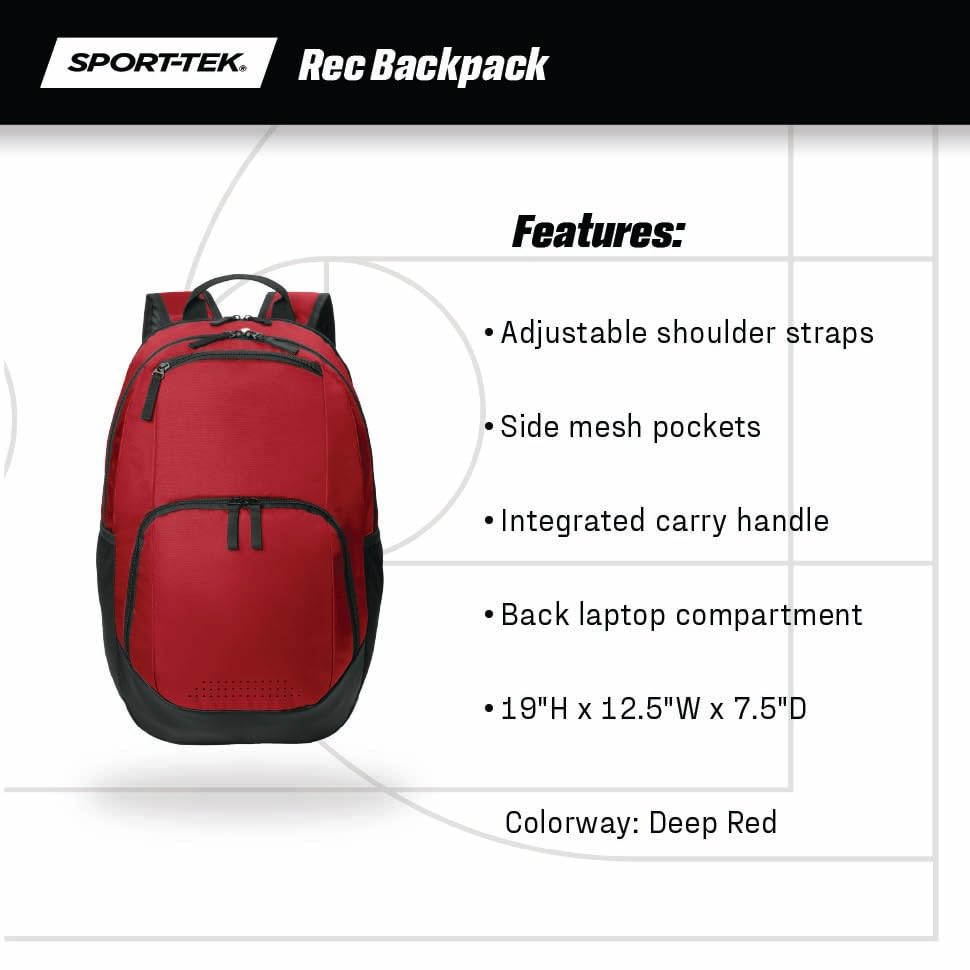 SPORT-TEK Unisex Rec Backpack | Laptop Bag for Women & Men, Gym Backpack with Padded Back & Ventilated Shoe Compartment - color: Deep Red