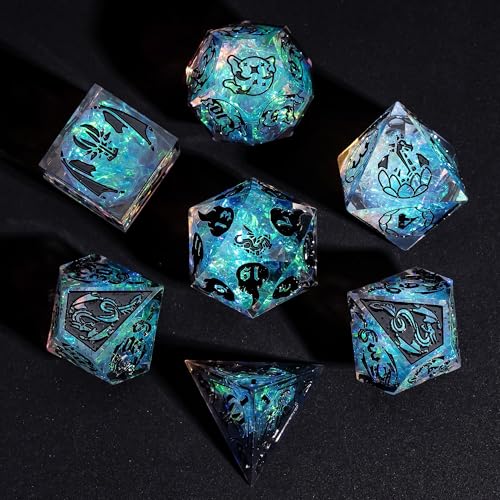Cusdie 7-Piece Sharp Edges DND Dice Set with Dragon Pattern - Perfect for Tabletop RPGs Board Games Gifting and Collecting(Galaxy/Black Number) - color: Dragon Pattern Tc/B
