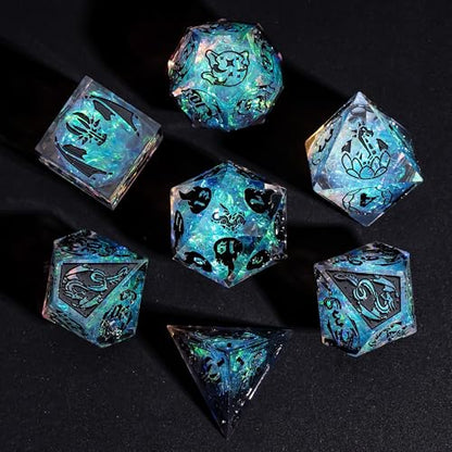 Cusdie 7-Piece Sharp Edges DND Dice Set with Dragon Pattern - Perfect for Tabletop RPGs Board Games Gifting and Collecting(Galaxy/Black Number) - color: Dragon Pattern Tc/B
