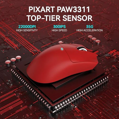 ATTACK SHARK X11 Wireless Gaming Mouse, PAW3311 Sensor, Lightweight, RGB Charging Dock, 22,000 DPI, Tri-Mode Connectivity, 5 Programmable Buttons - Red - color: Red, size: Mouse only