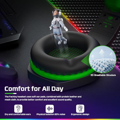 Fachixy FC100 Gaming Headset with Microphone for PS4, PS5, Switch, Xbox, PC, Mac, Gamer Headset with RGB Light, Computer Headphones with Mic - color: GREEN