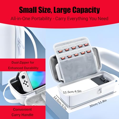 QUBAMG Switch OLED Carrying Case Compatible with Nintendo Switch & Lite, Portable Travel Hard Shell Protective Carry Case with Stand and 10 Game Slots - Fit for Dock, Pro Controller, Joy-Con, Adapter - color: White 2