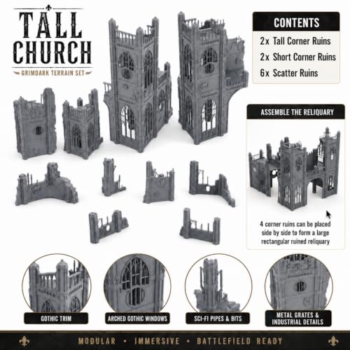 Gothic Sector Terrain Set: 28mm Scale Buildings & Scatter Terrain for 2000-Point Competitive 40k Games (Tall Church) - style: Tall Church