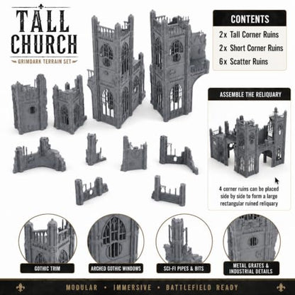 Gothic Sector Terrain Set: 28mm Scale Buildings & Scatter Terrain for 2000-Point Competitive 40k Games (Tall Church) - style: Tall Church