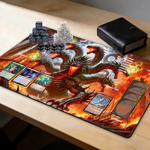 MTG Playmat with Storage Tube & 7-Dice Set - Waterproof TCG Playmat with Stitched Edges, Non-Slip Rubber Card Game Mat (24"x14") (playmat with Zones, Dragon Fire Vortex) - color: Dragon Fire Vortex, style: playmat with zones