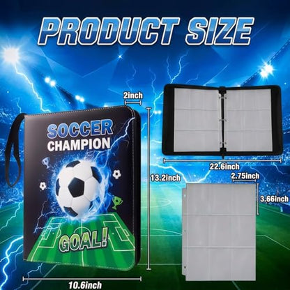 Trading Card Binder 9 Pocket, Soccer Card Binder Holds 900 Cards with 50 Removable Sleeves, Waterproof PU Leather with Zipper Card Collector Album Book Compatible with TCG Cards - color: Soccer