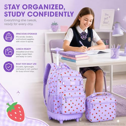 3Pcs Rolling Backpack for Girls Women, Travel Roller Backpacks with Wheels for Adults, Teens College Strawberry Wheeled Bookbag with Lunch Box (Purple) - color: Strawberry Purple