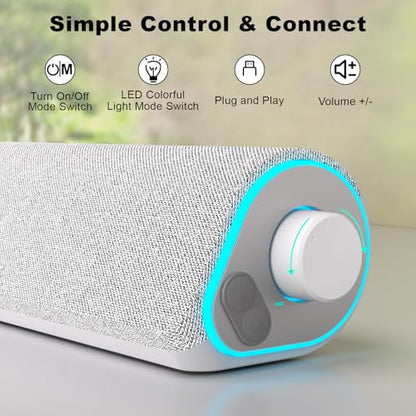 SOULION Bluetooth Computer Speakers PC Sound Bar for Desktop Monitor White | USB Powered & 3.5mm, Colorful LED Lights, Switch Button Clear & Rich Sound, Breathable Cloth,Surround Soundbar - color: White